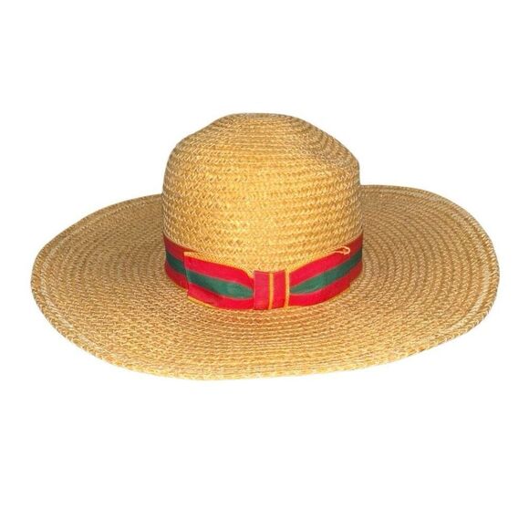 Vintage 80s Banana Republic Wide Brim Straw Raffia size S-M red, green, gold rib main image 9
